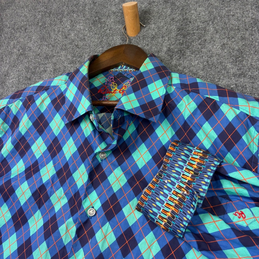 Robert Graham Shirt Mens 2XL Blue Teal Argyle Plaid Cotton Classic Fit L/S 0022